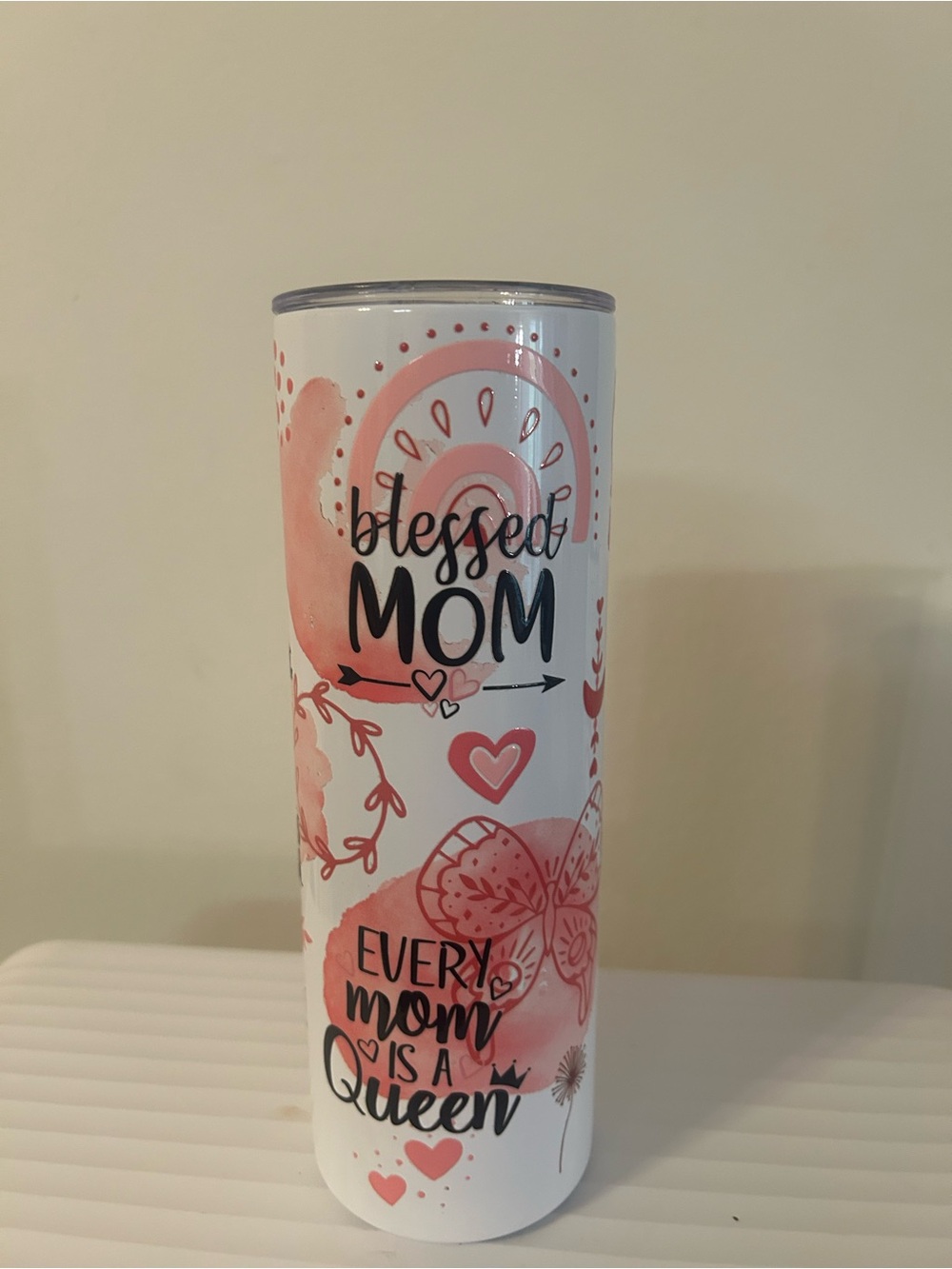 Blessed Mom Pink Stainless Travel Tumbler - Heart Design